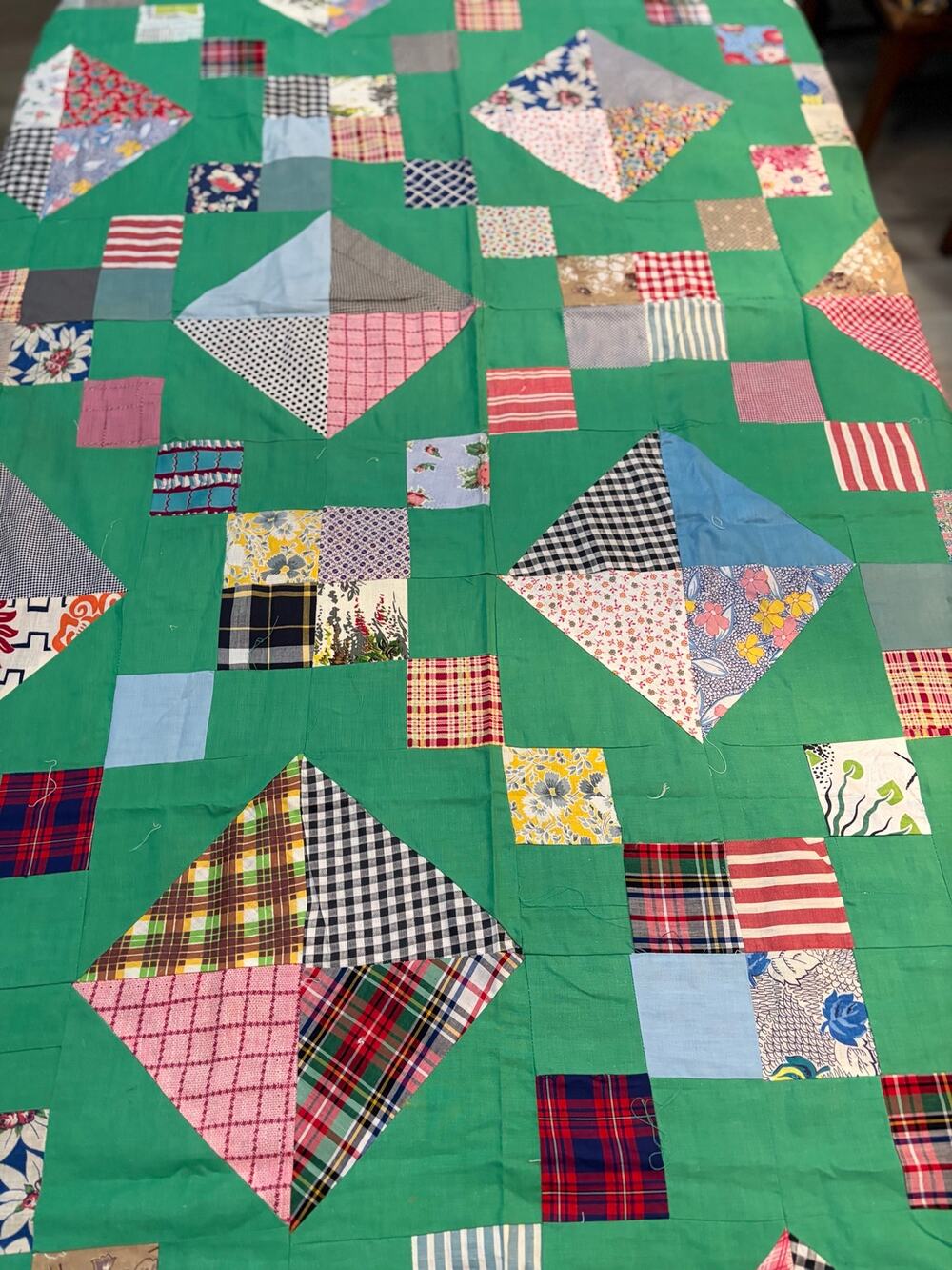 Vintage Handmade Patchwork Quilt Top Bright Green Sashing Multi Print Fabric